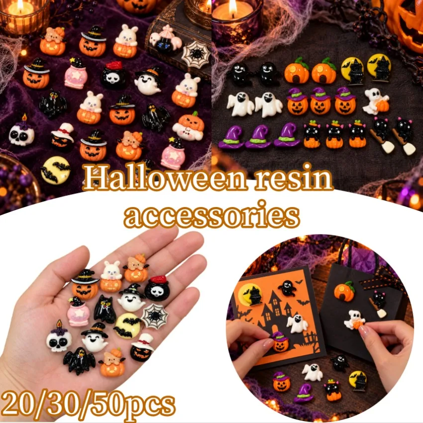20-50pcs Resin Mini Cartoon Halloween Decor Ghosts Skeletons Pumpkins Flat Back DIY Jewelry Craft Decoration Accessorie Nail Art