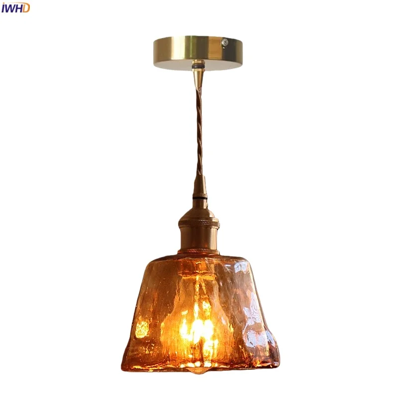 

IWHD Amber Glass LED Pendant Lamp For Bedroom Kitchen Bathroom Interior Lighting Japan Vintage Copper Pendant Light Luminaire