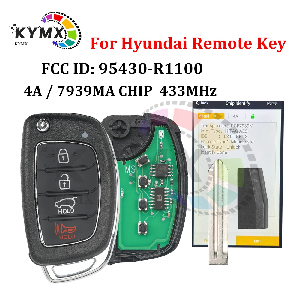 

KYMX For Hyundai HB20 2019-2022 95430-R1100 4A PCF7939MA Chip 433.92 FSK SY5AERGE04 HY14R Blade Flip Car Remote Control Key