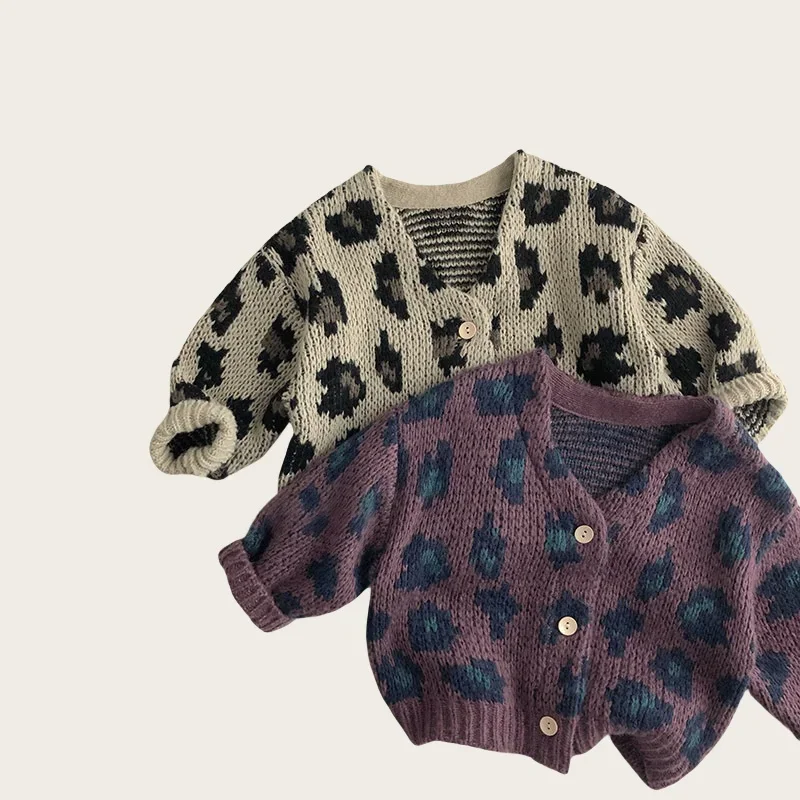 

1-6Y Girls Leopard Print Knitted Cardigan Loose Fit Toddler Kids Baby Boys Clothes Soft Yarn Spring Autumn Casual Sweater Jacket