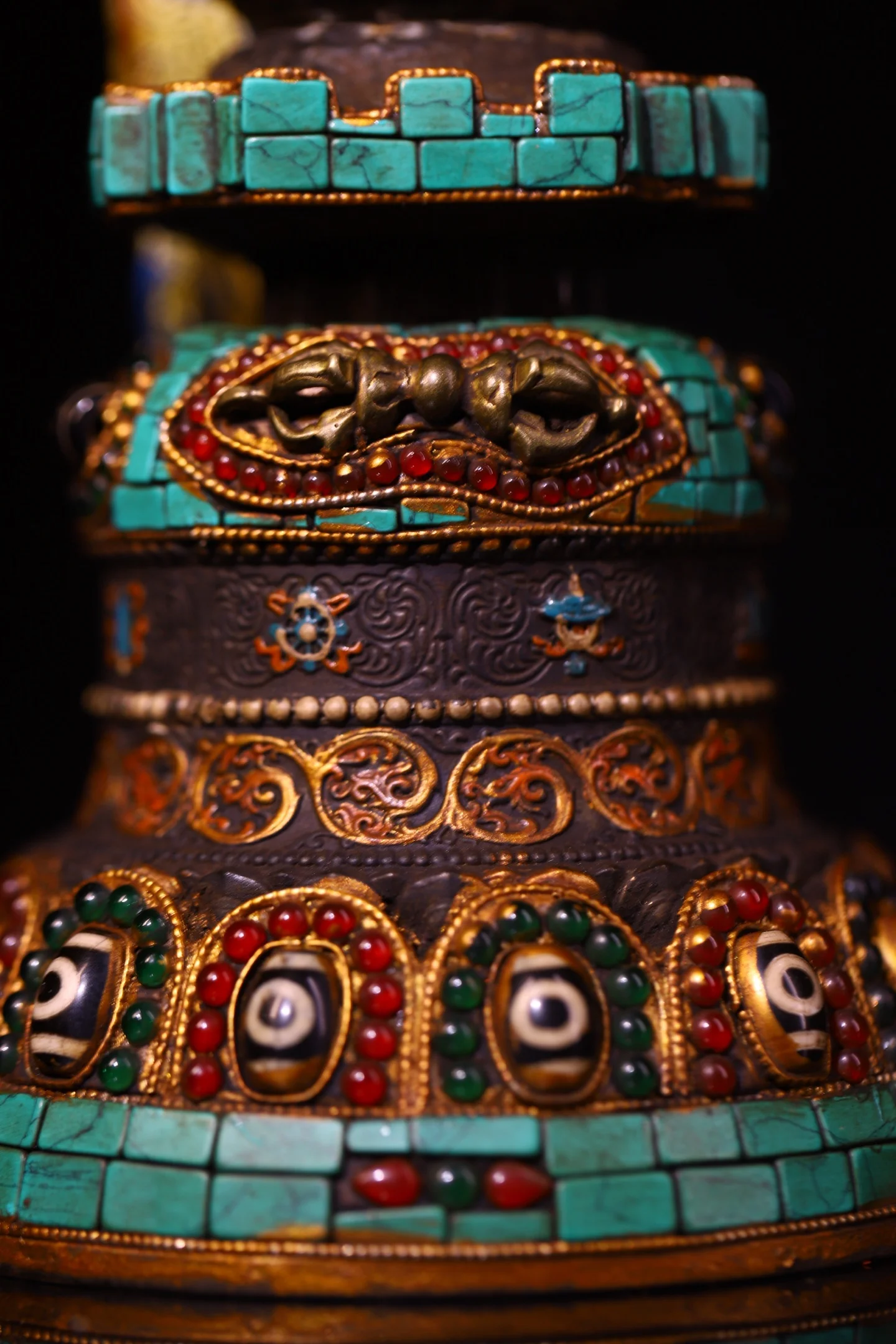 Old Lima Copper Painted Mosaic Gem gZi Beads Turquoise Vajra pattern pagoda Stupa of relics Worship Hall