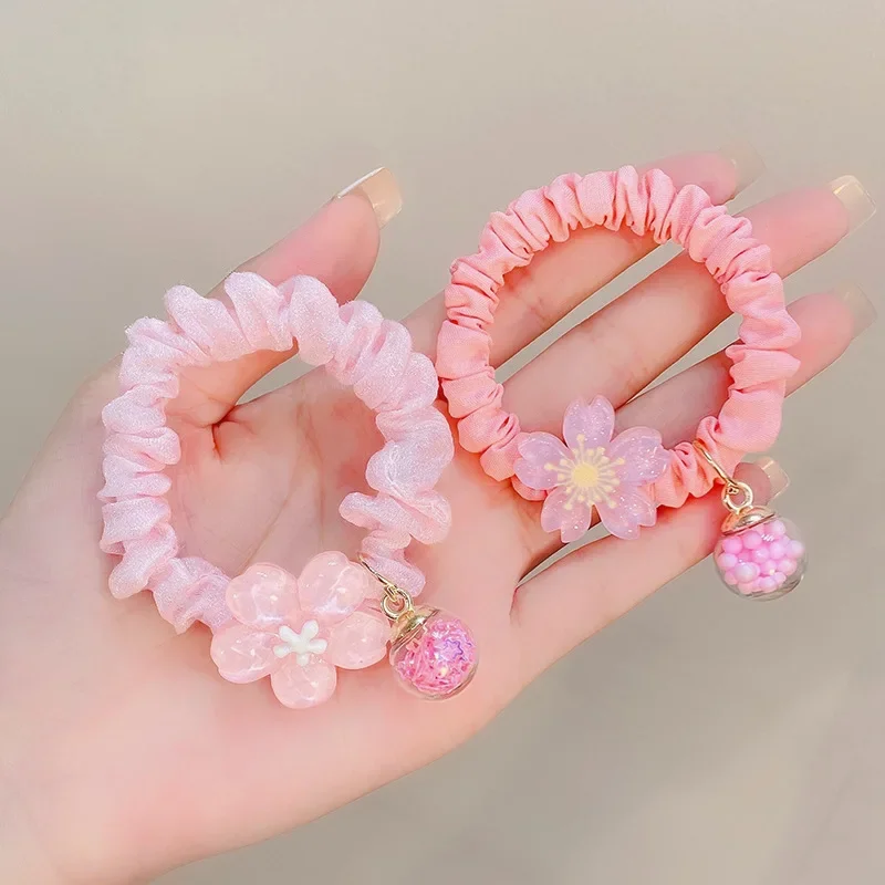 Pink Cherry Blossom Hair Rope Sweet Flower Hair Ring Acrylic Fabric Elastic Scrunchies Fashion Jewelry Hair Accessories for Girl