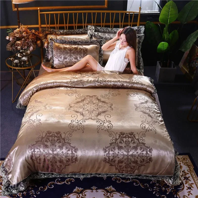

Luxury Jacquard Bedding Set Cotton Duvet Cover Lace Satin Bed Sheet Pillowcases King and Queen Size Bedspread Home Textiles 4PCs