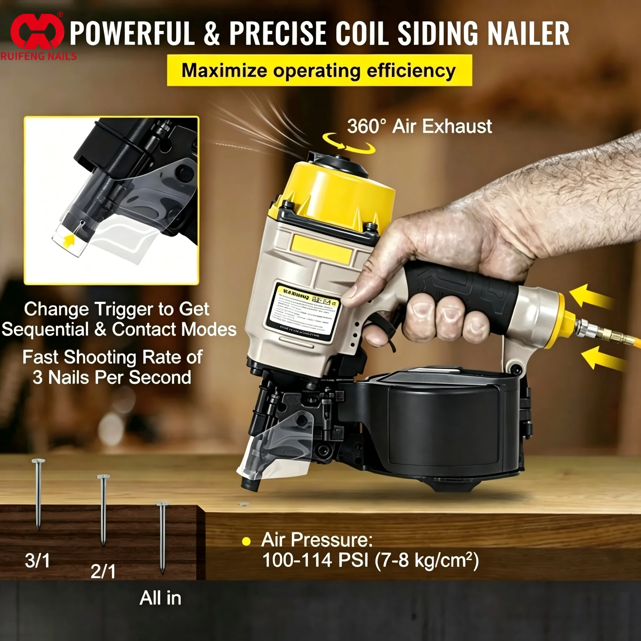 Ruifeng Nails CN55/CN70/CN80/C - đánh giá và giá Coil Roofing Nailer Pneumatic 15 Degree