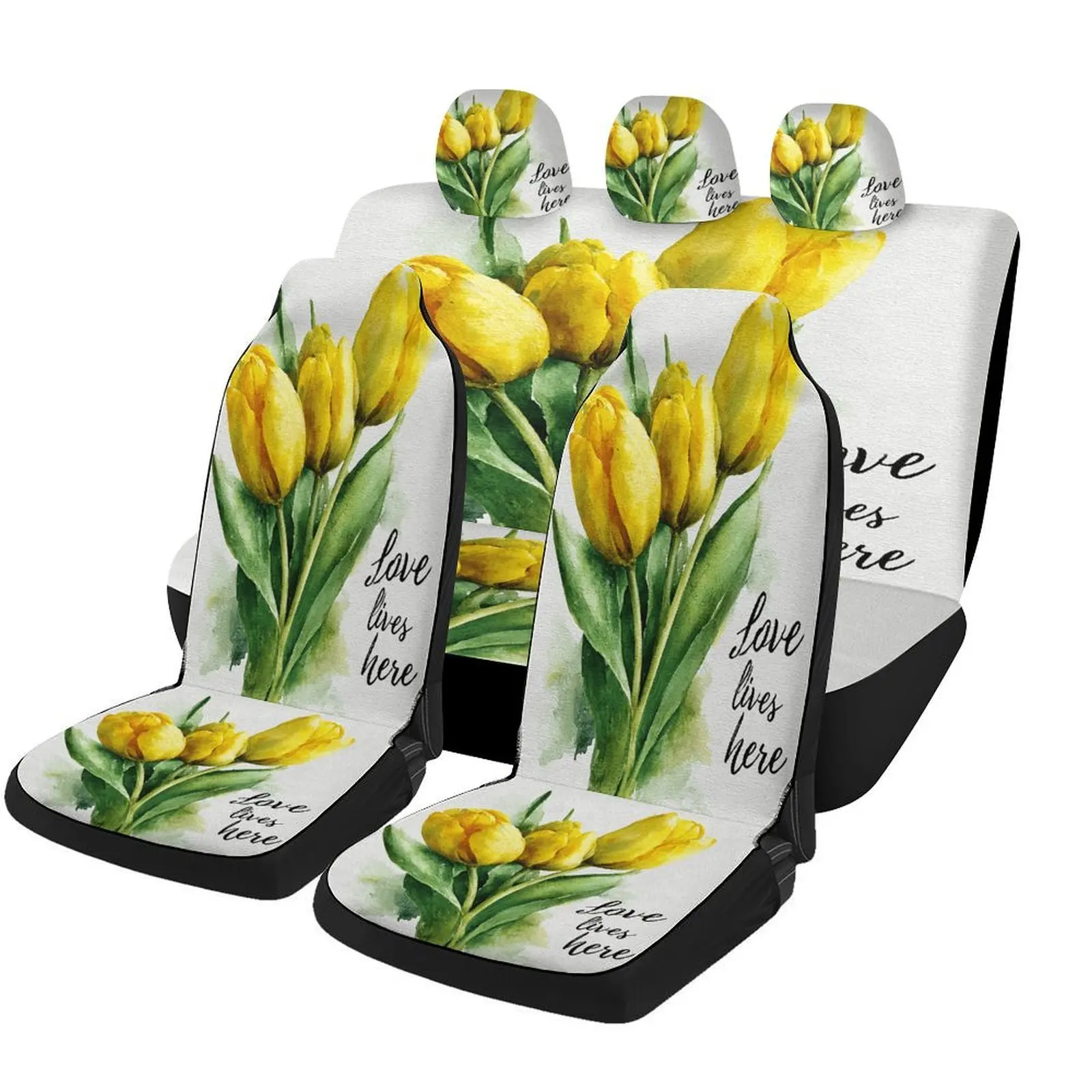 A Set Of Car Seat Covers Featuring Yellow Tulips, Designed To Fit Most Vehicles. These Stylish And Breathable Covers Serve As De