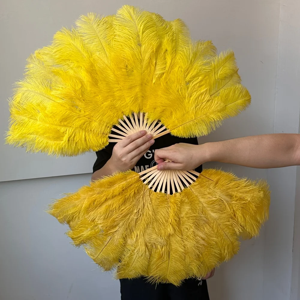 70cm Ostrich Feather Fan 15 Bones Yellow Ostrich Feather Hand Fan Wedding Party Stage Performance Decor Feather Fan Photo Prop