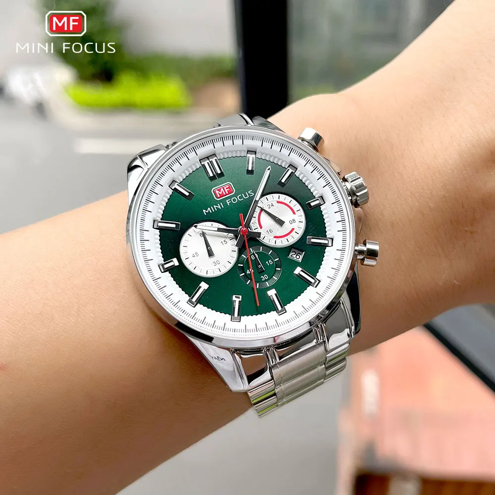 MINI FOCUS Silver Green Dress Watch Men Fashion Waterproof Luminous Quartz Wristwatch with Chronograph Date Steel Strap 24 Hours