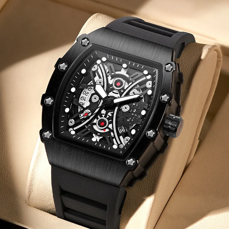 YIKAZE Men’s Quartz Wristwatches Luxury Brand Men Wrist Watches Clock Fashion Black Skeleton Dial Waterproof Auto Date Watch