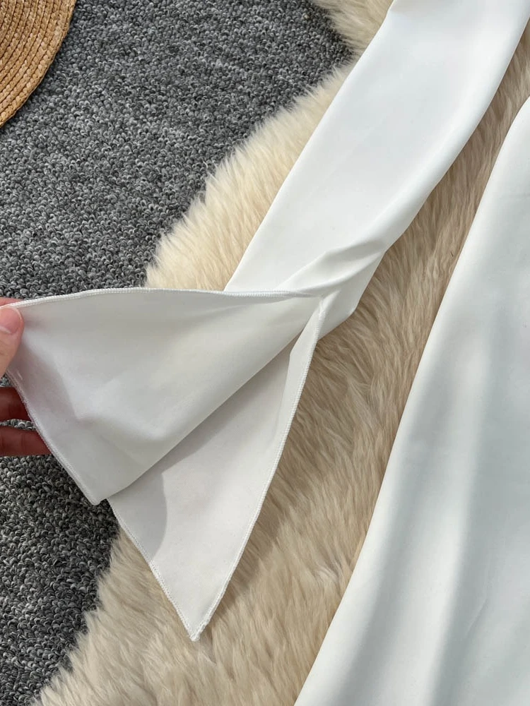 Foamlina-maxivestido Sexy recortado en la parte delantera, fruncido, Irregular, a la moda, blanco, con cuello en V, manga acampanada, espalda ajustada, vestido largo de fiesta en la playa