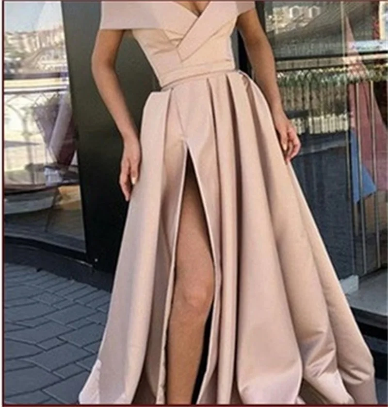 Abgespaltene Schulter Frauen Ballkleid tiefen V-Ausschnitt großen Rock Saum Party kleid viele Farben ärmelloses Abendkleid neueste auf Lager