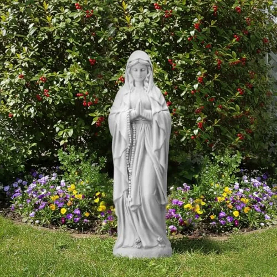

Outdoor religious garden statue of Blessed Mother in weather-resistant resin white finish ideal for patio or yard decor with se