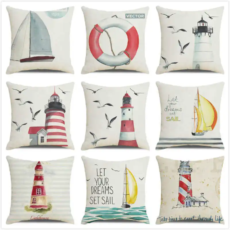 

Watercolor Lighthouse Cushion Cover Oceanic Element Print Pillow Cover Home Living Room Office Decoration Sofa Throw Pillow Case