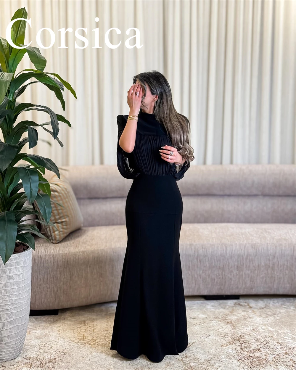 Customized Mermaid Exquisite Black Jersey Evening Dress Classic Half Sleeves Homecoming Dresses Modern Sweep Train Prom Dress