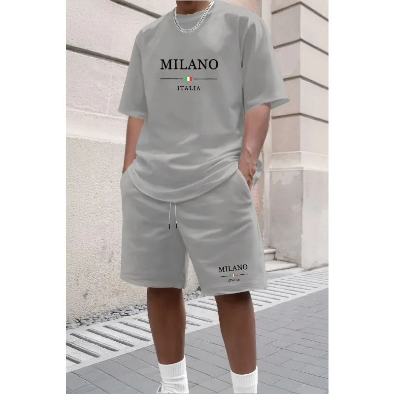 

2026 New Summer Men's Letter Printed Comfortable and Breathable Round Neck T-shirt and Shorts Set Solid Color Colo Sportswear