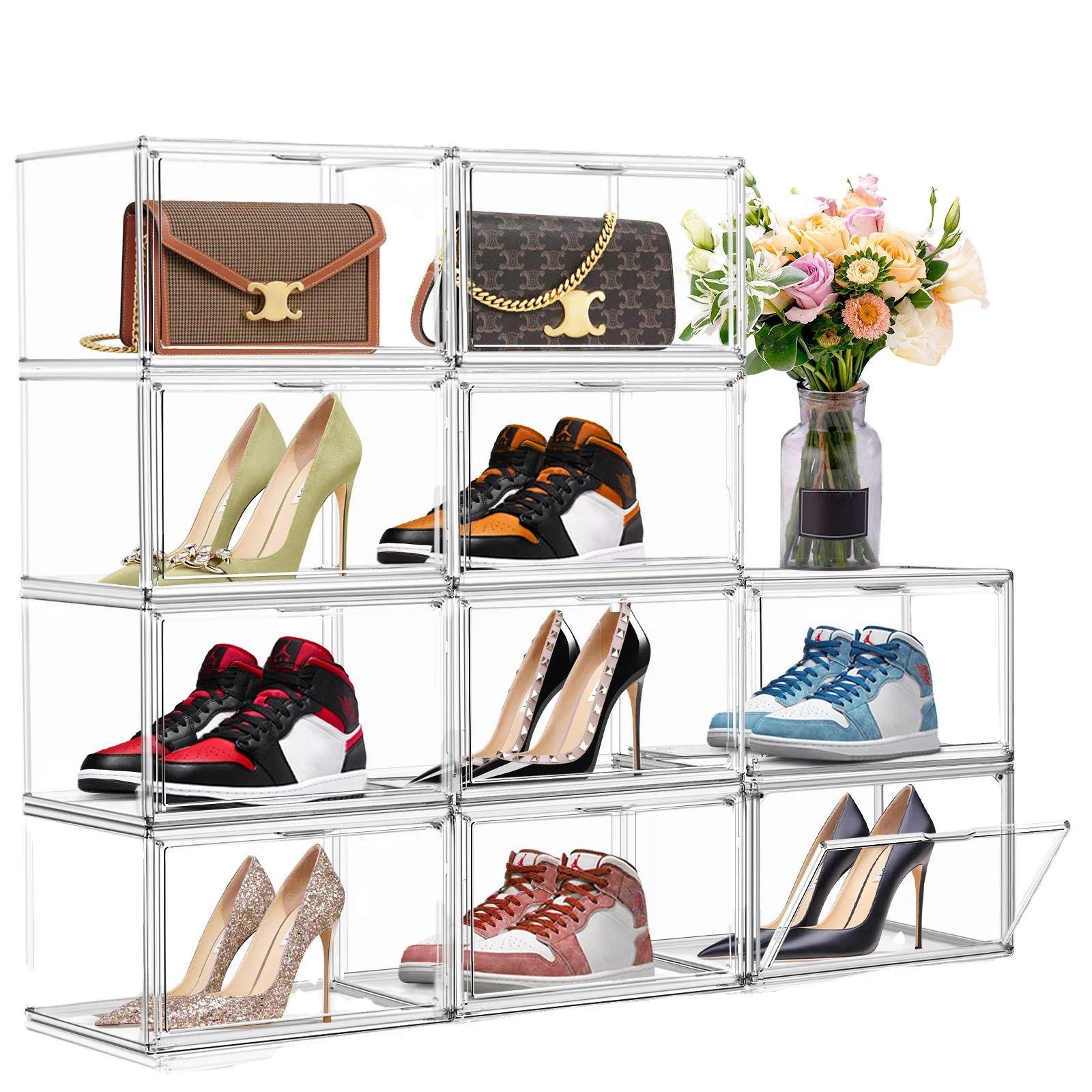 

Утолщенный акриловый шкаф для хранения обуви, прозрачная коробка для обуви, штабелируемая магнитная открытая полка для кроссовок, органайзер для обуви