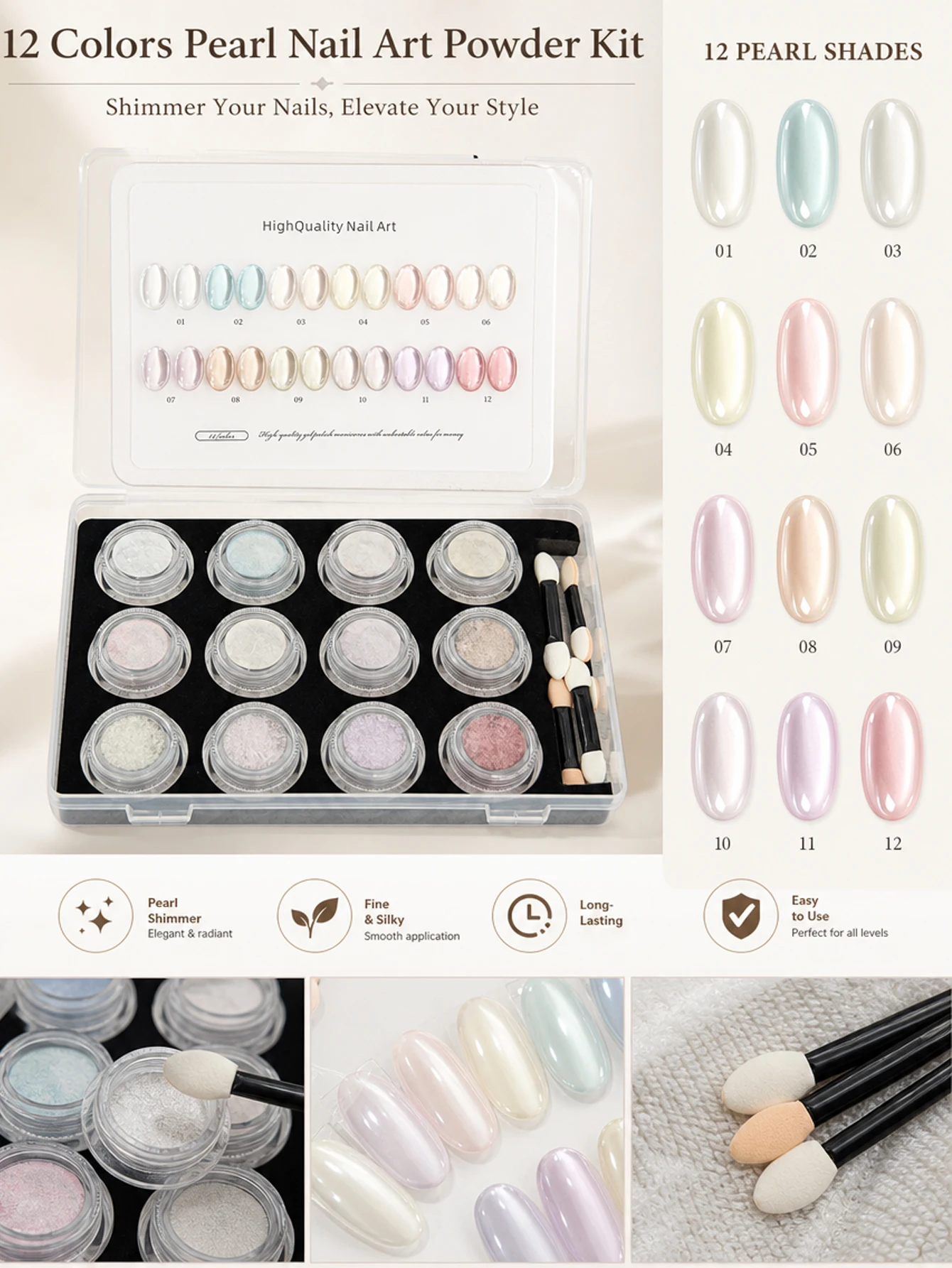 12-Color Aurora Magic Mirror Nail Art Powder Set with Color Chart, DIY Nail Art Tools, Artistic Nail Art Charm