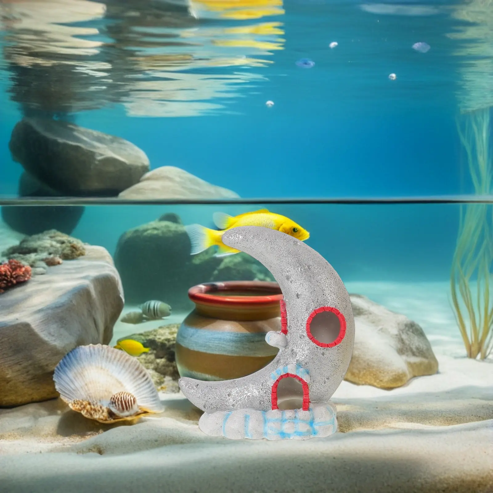 

2pcs Resin Aquarium Decor Moon Shaped Fish Tank Ornaments For Betta Shrimp Crab Cichlid Hiding Play Breeding Underwater Hideout