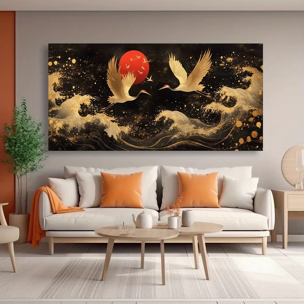 Goldener Rotkronenkranich Rote Sonne Poster und Drucke Tier-Vogel-Kunst Leinwandgemälde Wandbild für Wohnzimmer Heimdekoration – Detail 2