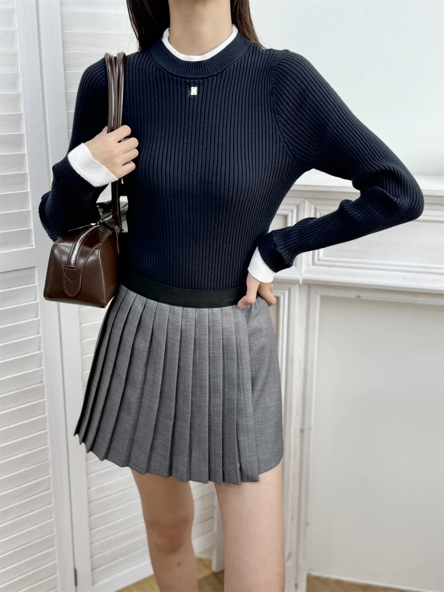 

Повседневный длинный свитер Sve round Ne, женский облегающий свитер с текстурой, искусственный комплект из двух предметов, темно-синий контрастный цвет, блузка