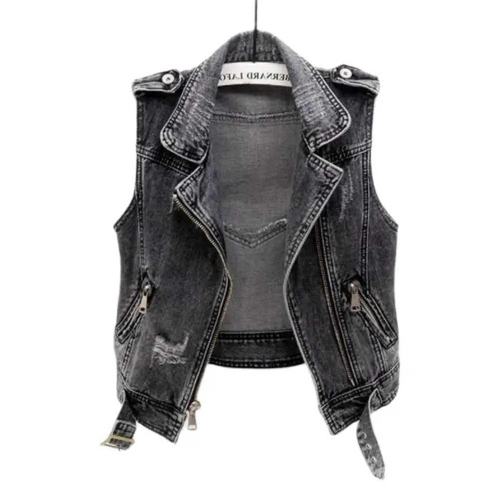 

Women's Ripped Denim Vest Short Waistcoat Loose Jacket Turn-Down Pocket Buttons Outerwear Hole Tops Autumn