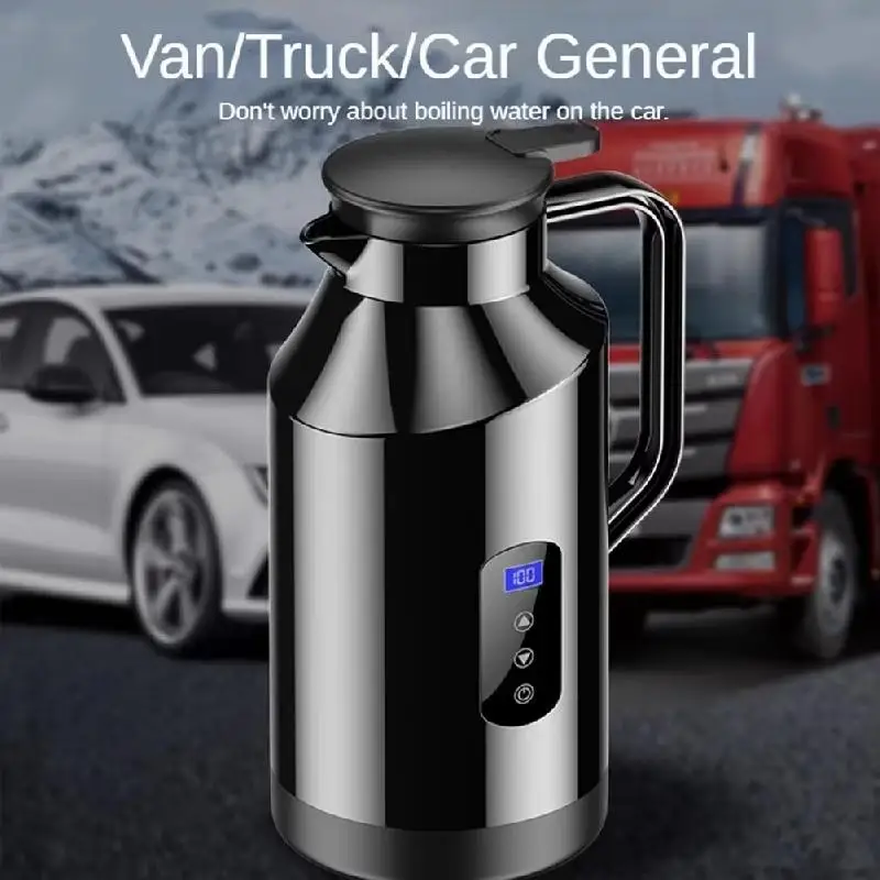 Car Electric Kettle Hot Water Boiler 200W 1500ml 12V 24V Stainless Steel Display with Cigarette Lighter Plug for Travel