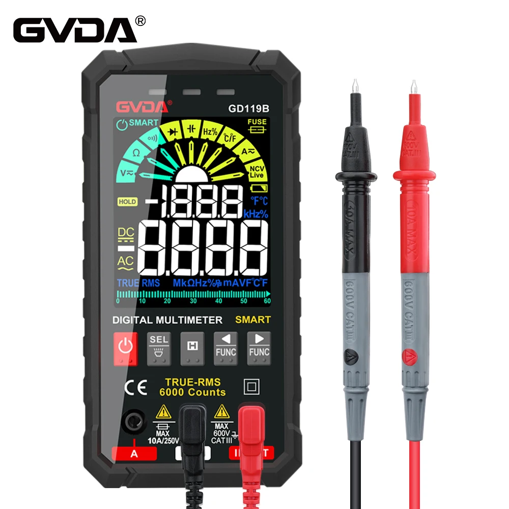 GVDA 600V Digital Multimeter Ture RMS AC DC NCV Smart Multimetro Tester Ohm Capacitance Hz Voltage Meter