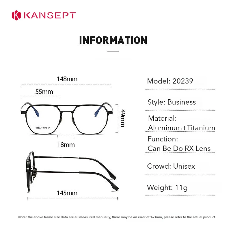KANSEPT Large Frame Aluminum Frame Titanium Business Anti-Blue Light Reading Glasses Men Ladies Customizable Prescription Women