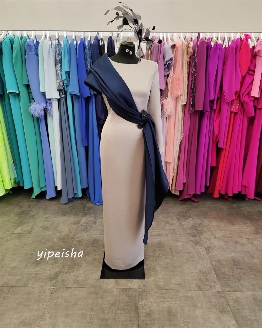 Customized Jersey Draped Pleat Flower Homecoming A-line O-Neck Bespoke Occasion Gown Long Dresses