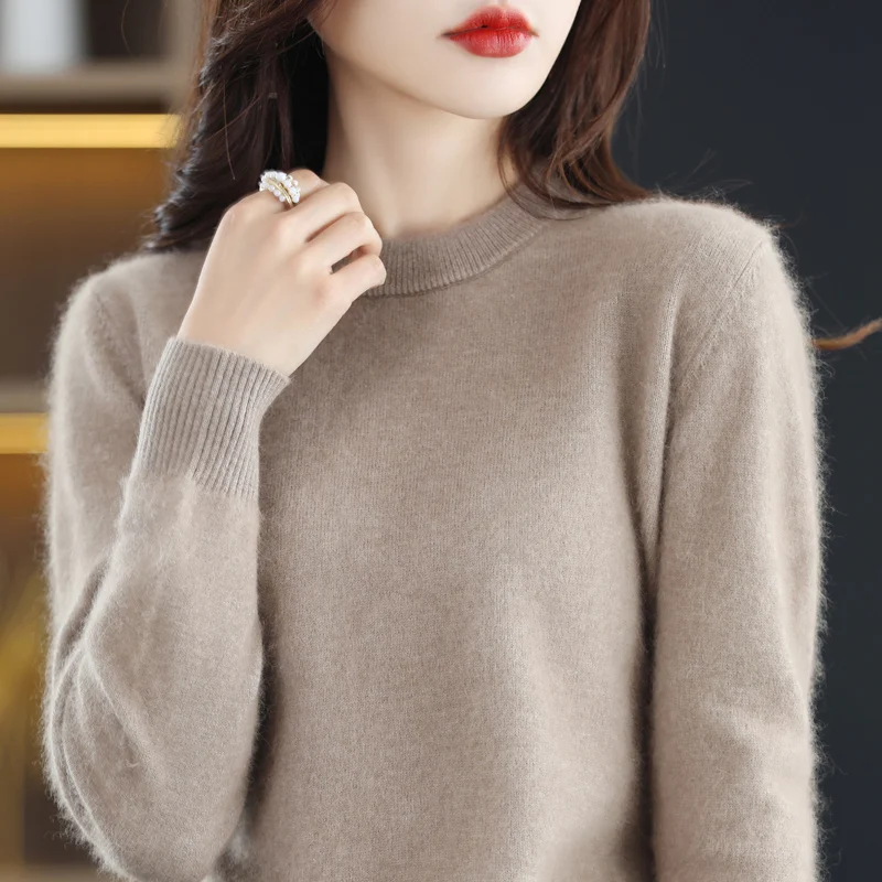 

100% Mink Cashmere Sweater Women's Knitted Sweater Loose O-Neck Long Sleeve Pullover Autumn and Winter New Fashion Warm Top