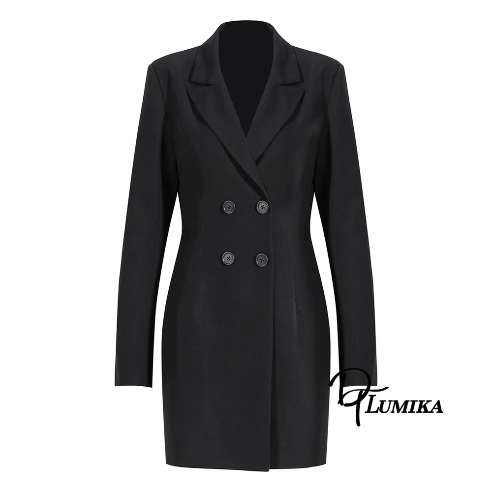 DTLumika Completo autunnale da donna 2 pezzi, giacca doppiopetto con gonna a pieghe Set abito da ufficio nero