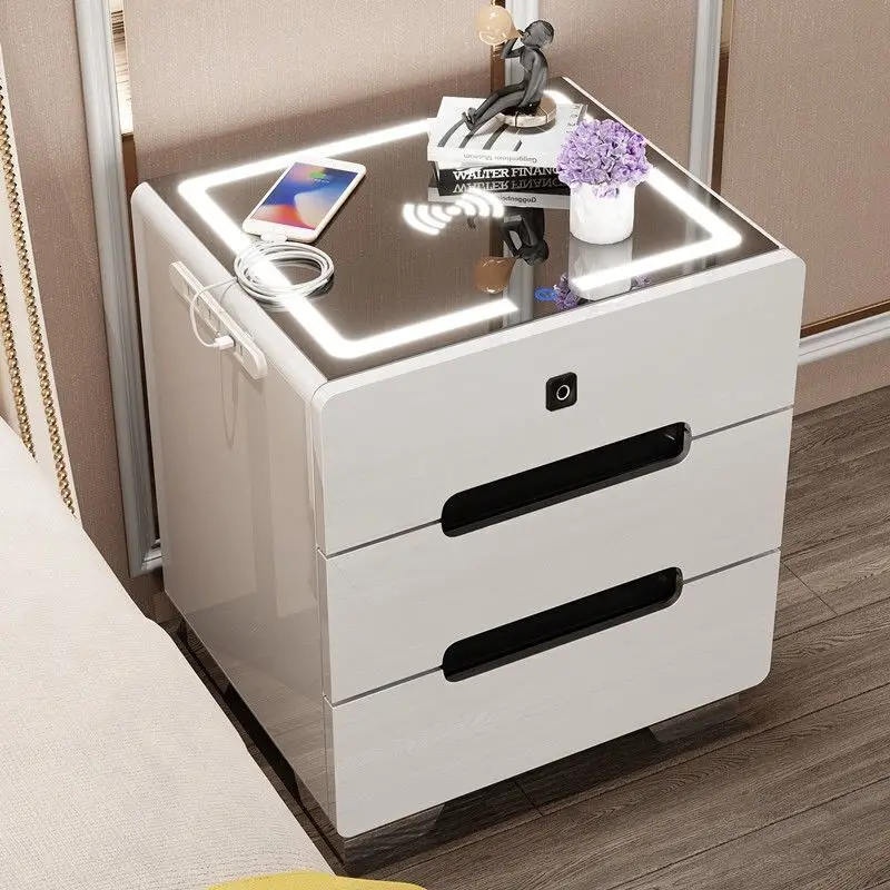 Multifunctional Modern Nightstands Lamp Fingerprint Lock Smart Bedside Table With Wireless Charger Nachttisch Bedroom Furniture