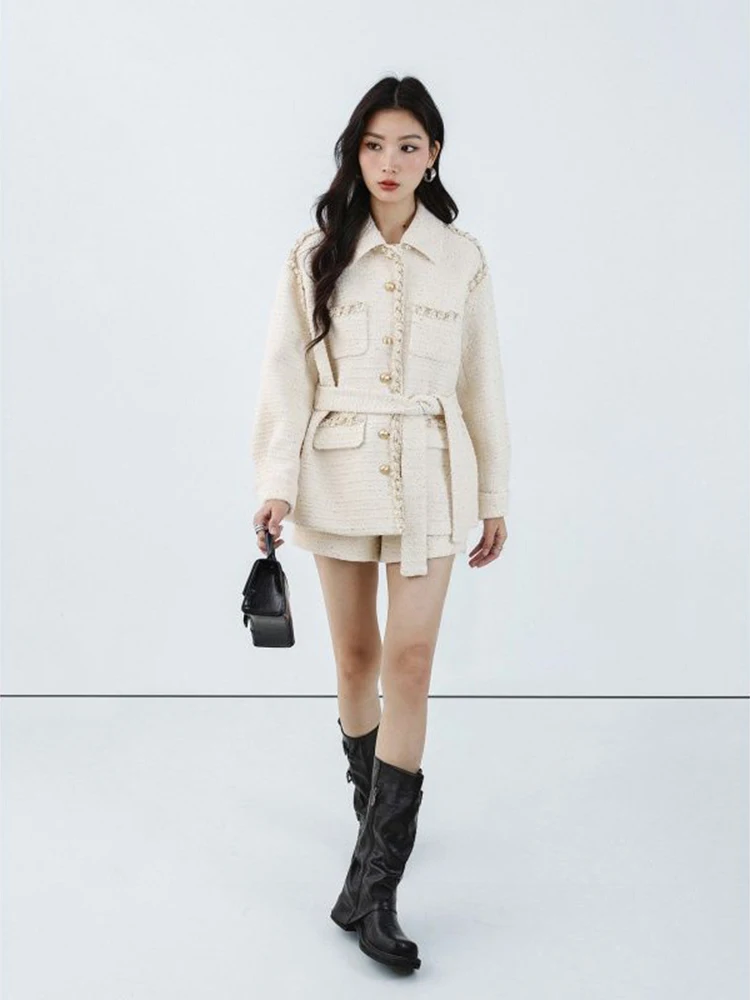 Small Fragrant Style Embroidered Edge with Belt Thick Tweed Medium to Long Coat Women's Autumn High Quality Temperament Coat