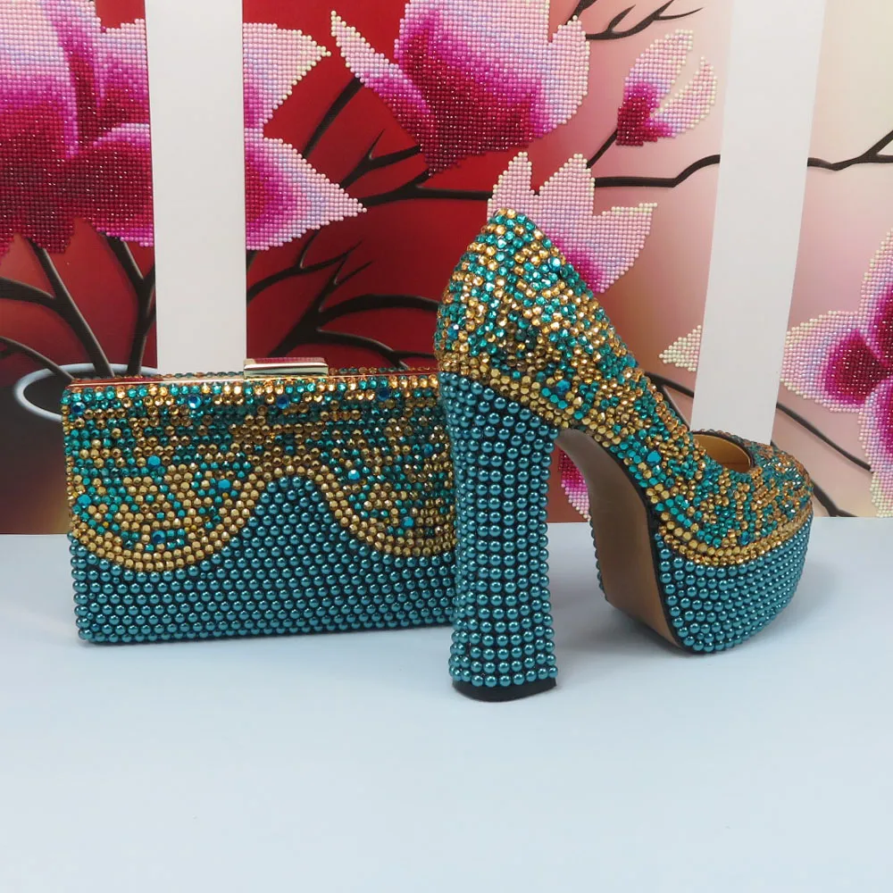 Fashion Teal Blue Mix Color Wedding Shoes and bag Set Woman 14CM High Pumps Thick Heel Party Shoes Matching Bag Round Toe Pumps