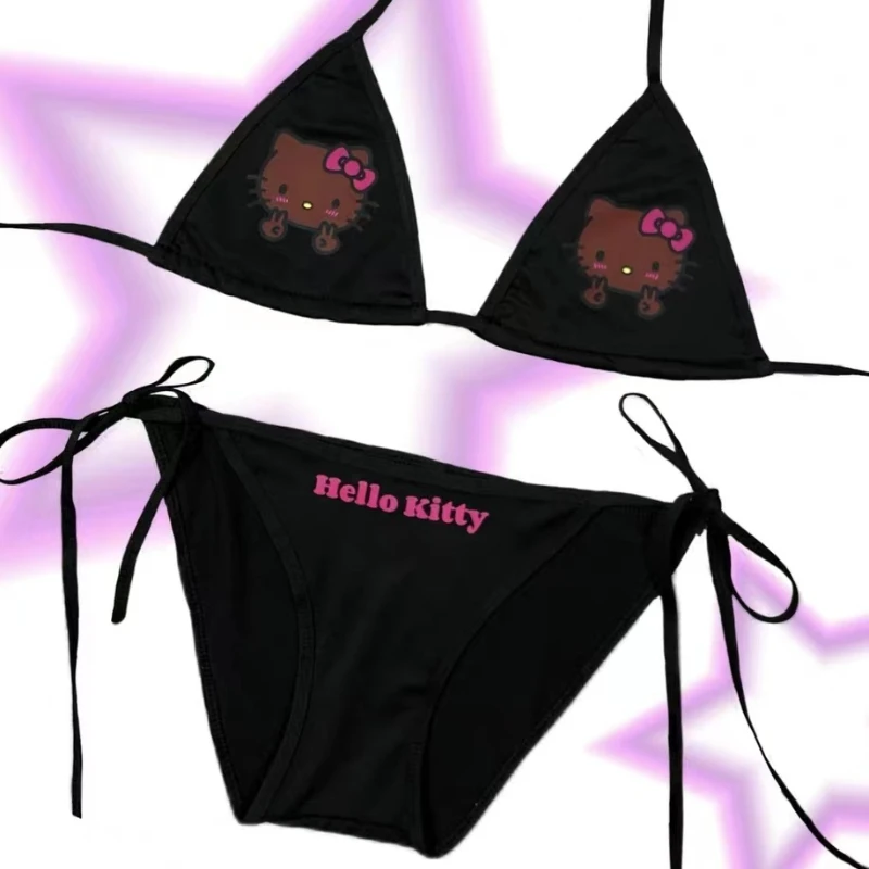 Kawai Hallo Kitty Diamant Bikini Set Y2k Cartoon Sanrio Hottie Mädchen Hosenträger BH Unterwäsche Set sexy niedlichen Dreieck Tasse Badeanzug