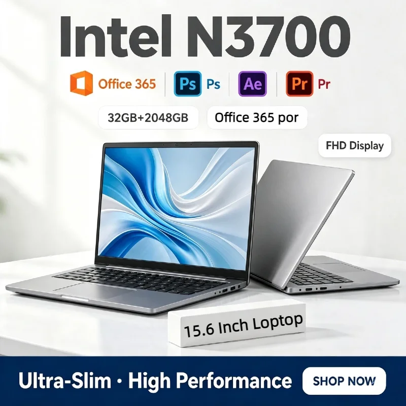 Intel N3700 15.6 Inch Portable Laptop 4C4T 1.6 2.4GHz 16GB RAM 2TB NVMe SSD Ultra Slim Notebook Windows 11 Pro Office Home Core
