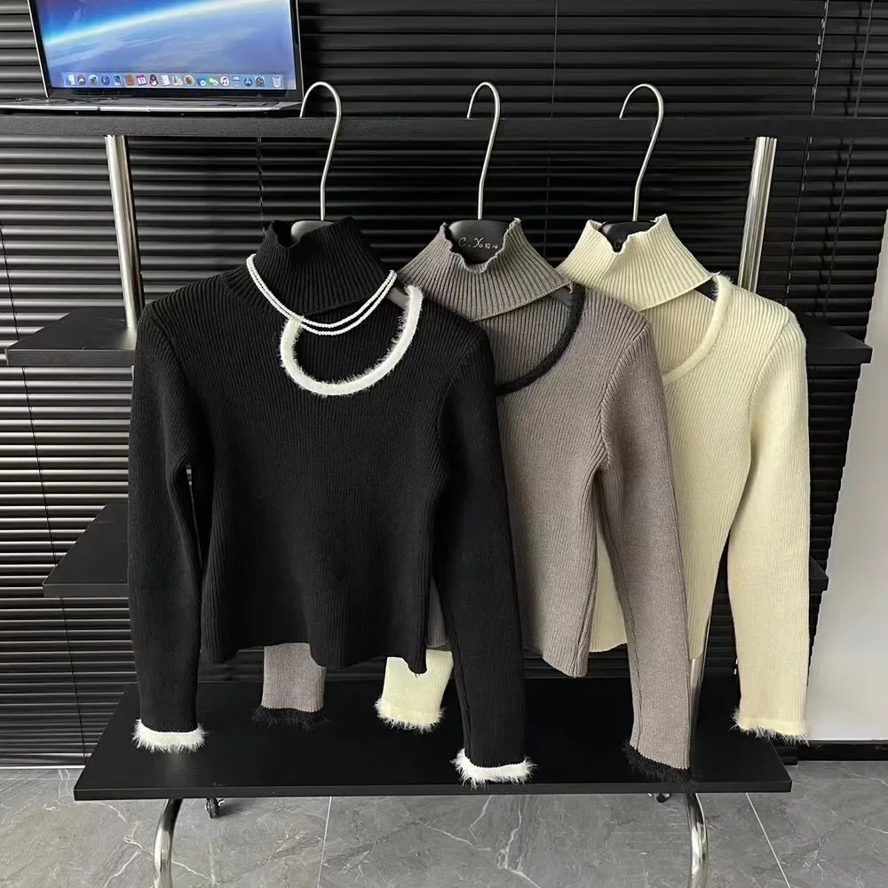 Jersey coreano de cuello alto, jerséis tipo túnica para Mujer, jersey calado de manga larga para Mujer, suéter recortado de punto Sexy, Tops, suéter para Mujer