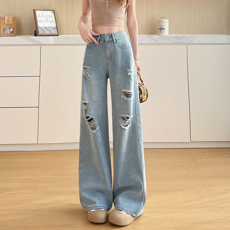 Women's High Waist Baggy Jeans Rhinestone & Ripped Design Vintage Wash Denim Pants Loose Casual Streetwear Hollow Out Frayed