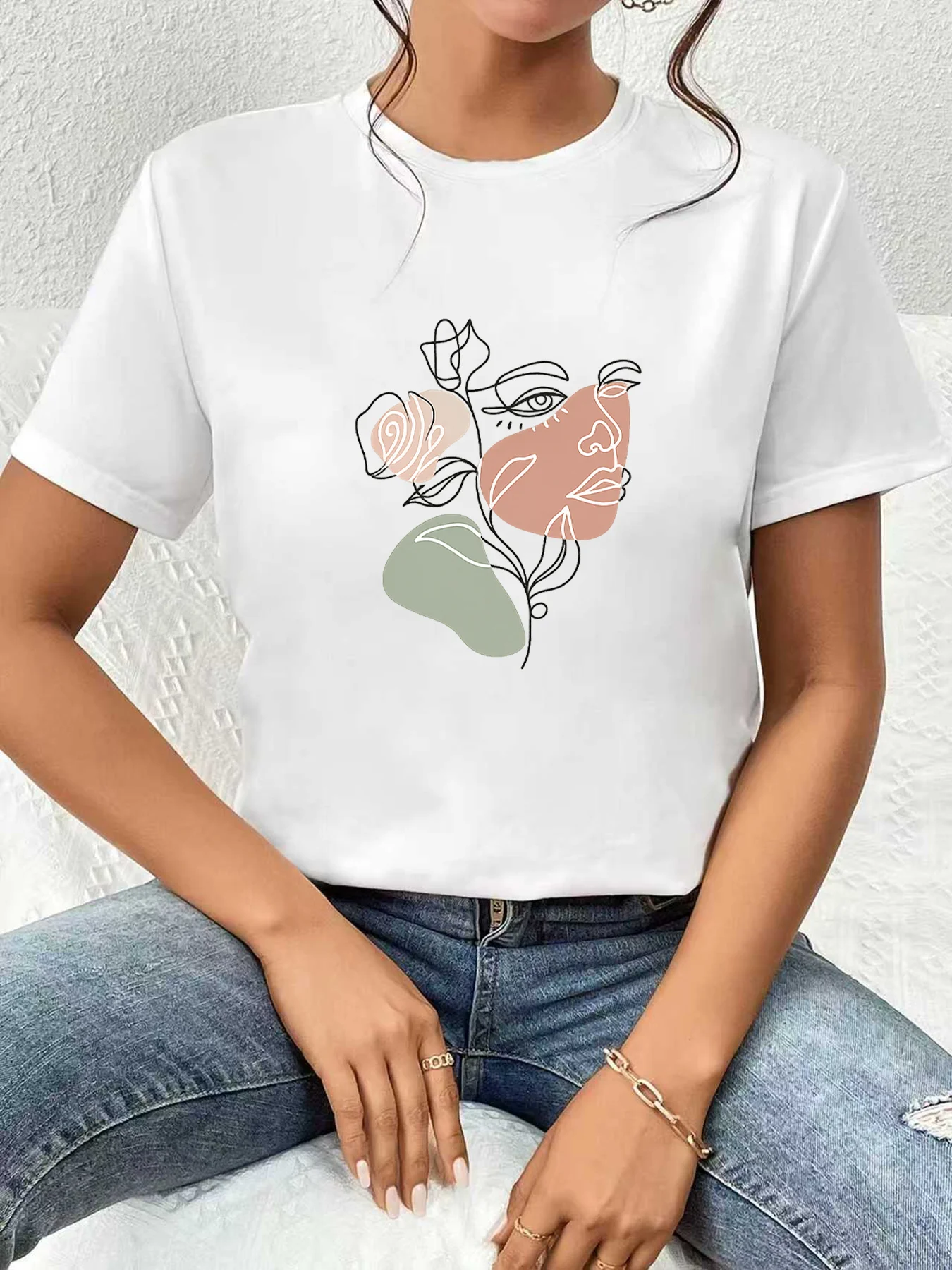 

【WDS0328】Женская футболка больших размеров с коротким рукавом и круглым вырезом, с графическим принтом в стиле линейной графики, летняя, повседневная, уличная мода, универсальная