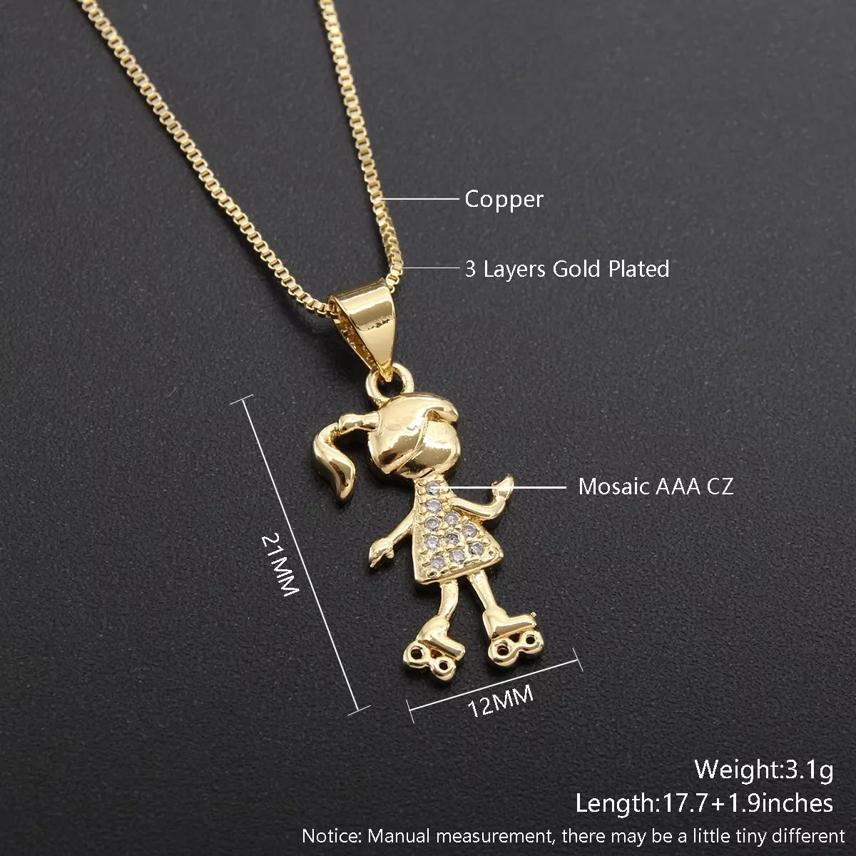 SUNSLL New Gold/Silver Color Cubic Zirconia Tiny Simple Roller Skating Girl Pendant Necklace for Women Jewelry Chain Choker Gift