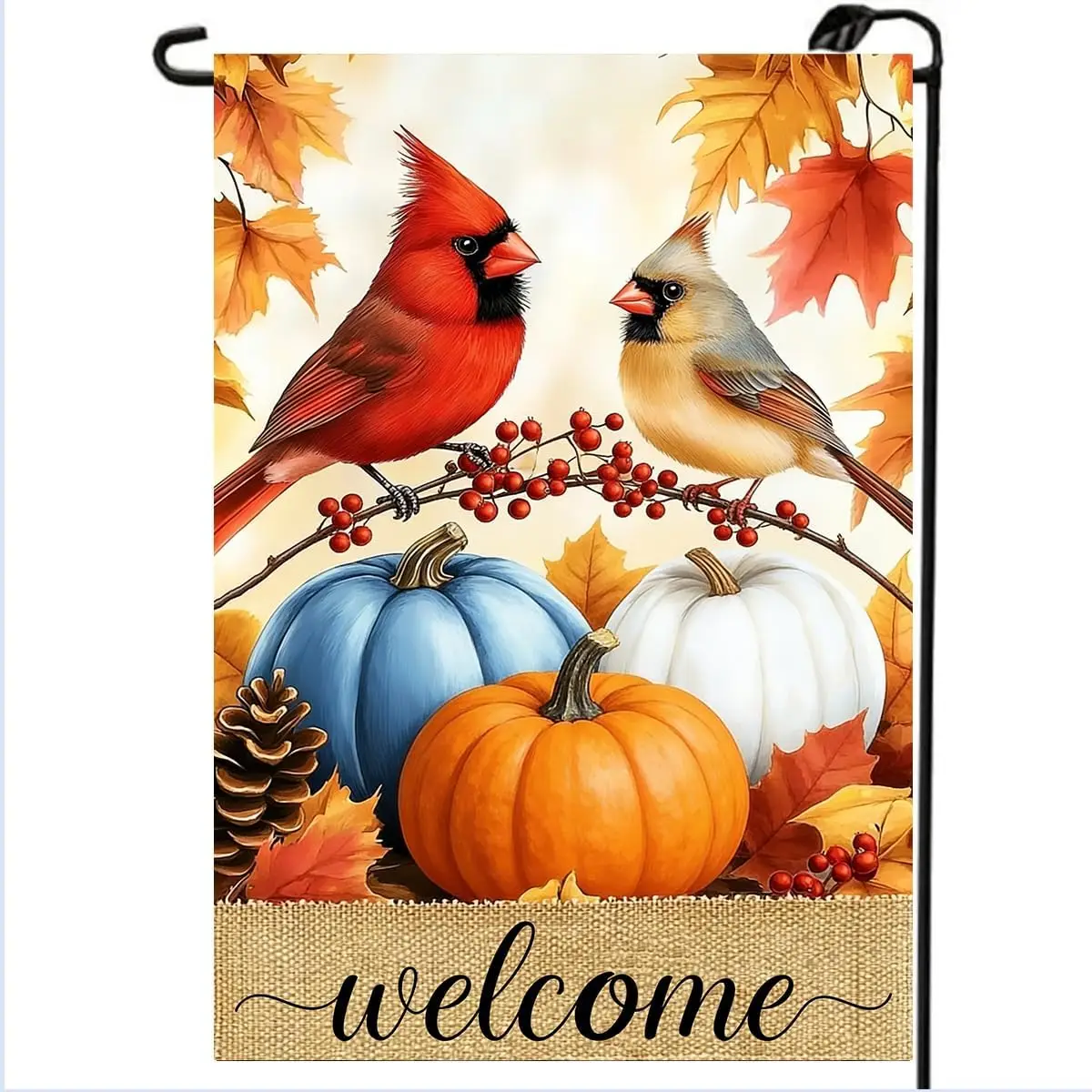 Welcome Fall Pumpkin Cardinal Garden Flags 12x18 Double Sided, Small Burlap Autumn Thanksgiving Farmhouse Outdoor Fall Decor MMZ