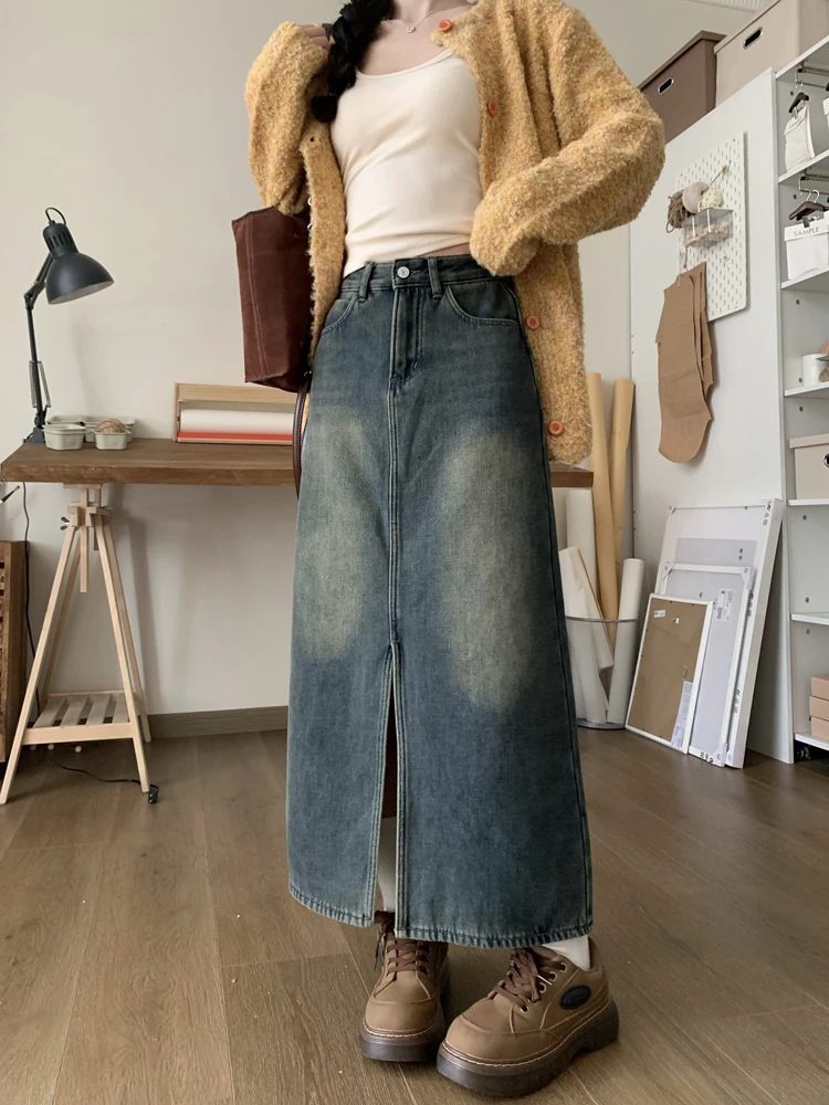 NYFS 2024 Spring Autumn New Vintage Woman Skirt High Waist Denim Split Long Skirt