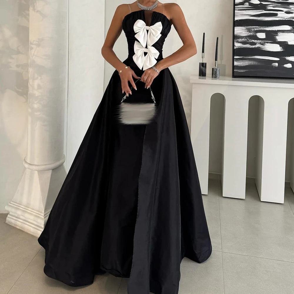 

Customized A-line Evening Dresses Floor-length Strapless Sleeveless Prom Gown Fashion Bow Simple Draped Backless Party Gown