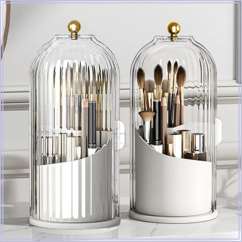 

360 Rotating Makeup Brush Holder with Clear Lid, Dustproof Sliding Organizer for Vanity