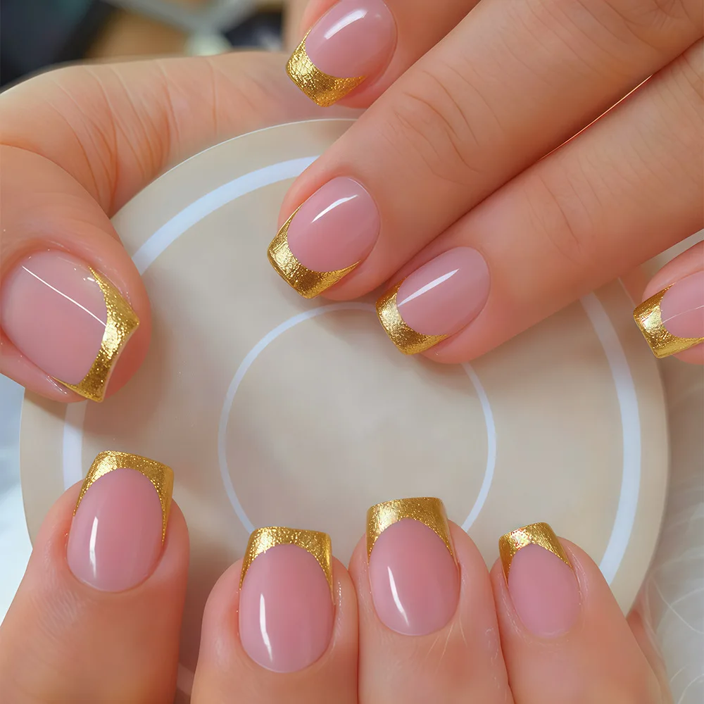 

Short Medium fake nails for women girls french style golden silver red edge frame Square nail tips press on false nail art set