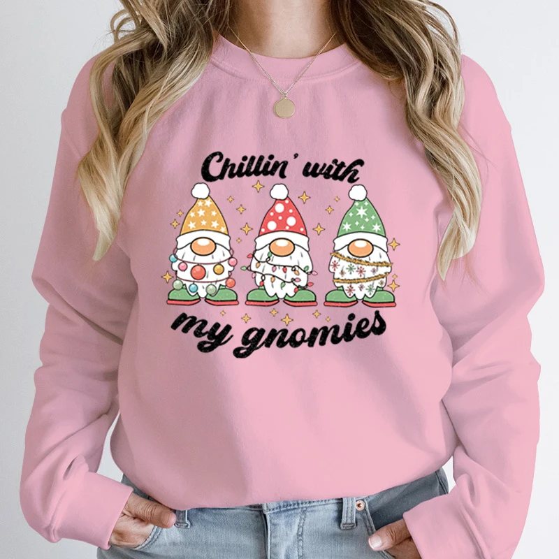 Women Hoodless Sweatshirts Christmas Light Chillin\'with My Gnomies Print Round Neck Pullover Christmas Solid Color Pullover Tops