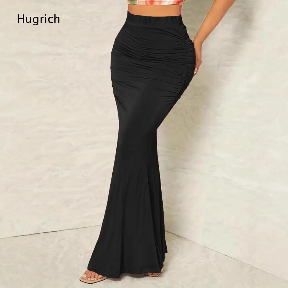 Plain Black Floor Length Mermaid Skirt Elastic Waist Side Gathered Ruched Design Slimming Stretchy Knit Long Bottoms