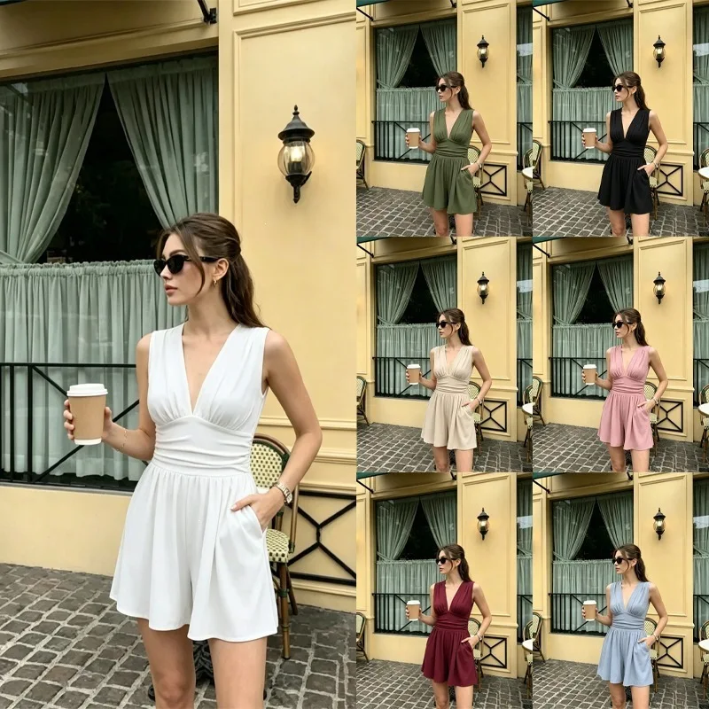 Combinaison sans manches à col en V pour femme, combinaison courte à taille haute et coupe ajustée, tenue décontractée multicolore pour les vacances d'été