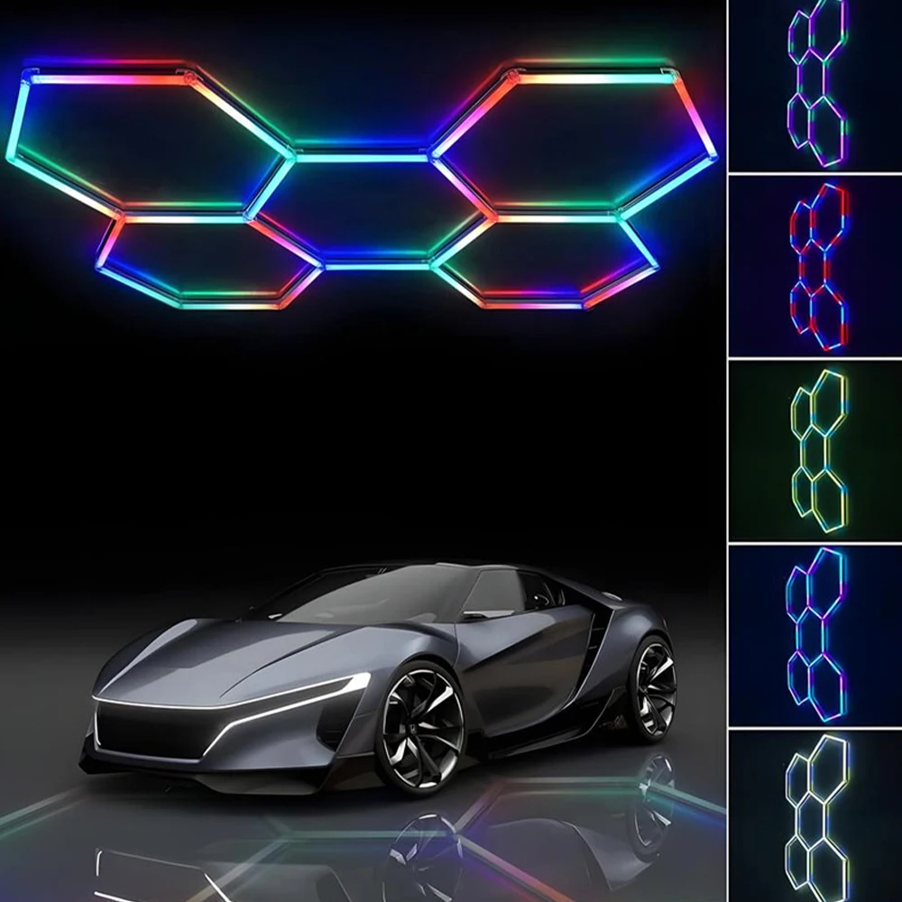 Hexagonal Garage Light RGB 200W Cellular Seven Color Remote Control 110V Wall Decoration Modeling LED Car Wash Station Light
