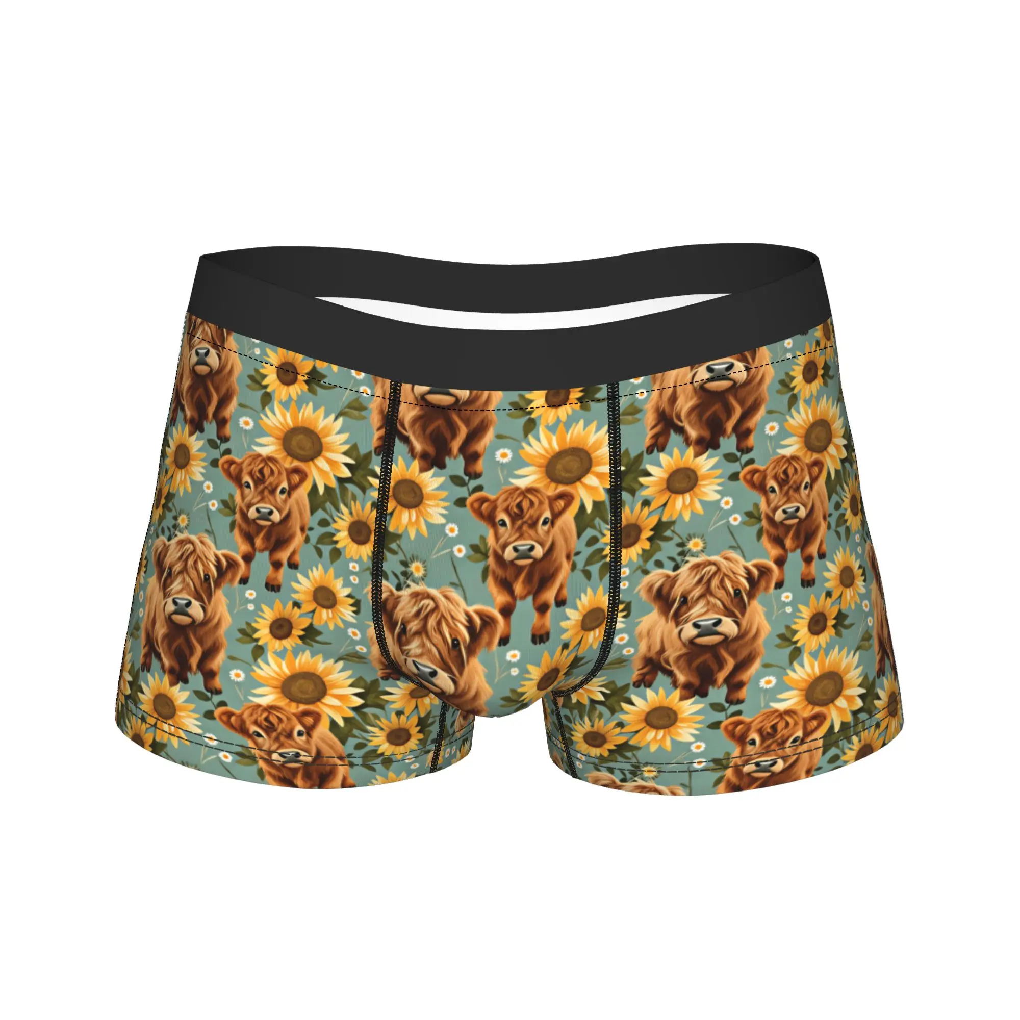 Cute Highland Cow And Sunflower Seamless Pattern Shorts Briefs  Underwear Hot Sale Sexy Soft Boxer Shorts Plus Size Underpants