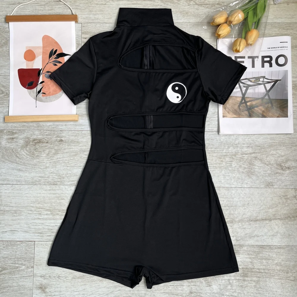 

High Collar Short Sleeve T-shirt Women's Sexy Backless Shorts Jumpsuit Tight One-piece Body Cosplay Outfit Anime Adult 2025 New